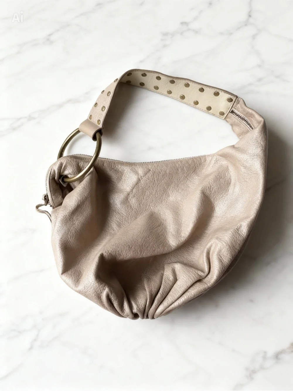 Express Nude Leather Pebbled Hobo Bag with Studded Strap